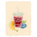 Illustration of a berry smoothie inside of a clear takeout cup, next to banana and blueberries.