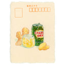 Illustration of a can of ginger ale, poured into a round glass with ice near ginger and ginger slices.