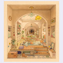 Illustration of a large house interior with several rooms all through large archways, leading to a tiny corridor with a dark closet. The interior is full of various home items and a small character lounges in a book nook near a window.