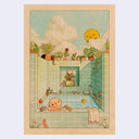 Illustration on brown toned paper of a tiled bathhouse, with a character sitting in the water. Plants line the top wall of the bathhouse. 