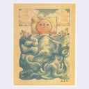 Risograph print of a round headed tan character with a simplistic face and stoic expression. They lie with their head on a pillow, beneath a blue blanket.