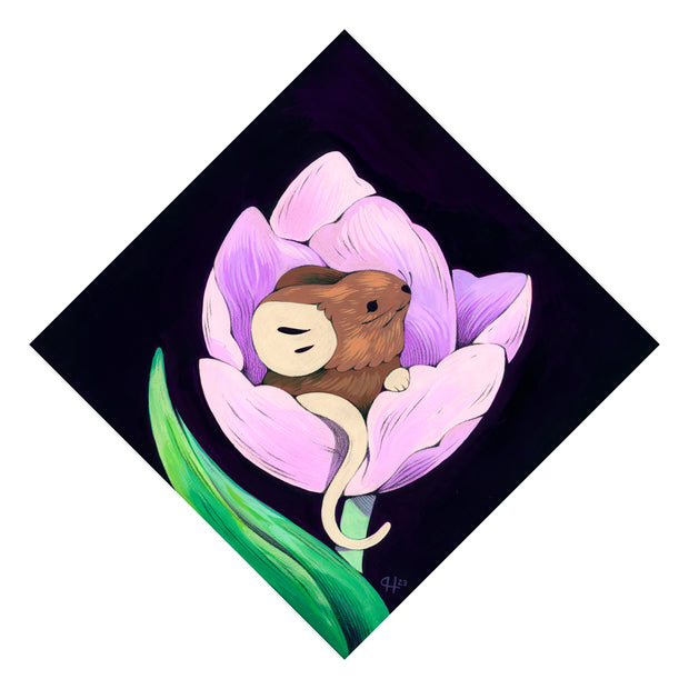 Illustration contained within a square, tilted to stand on its point. A small brown mouse sits in a purple tulip like flower.