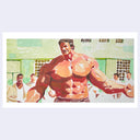 Painting of Arnold Schwarzenegger, with an exaggerated body size standing shirtless with his arms extended out.