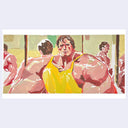 Painting of Arnold Schwarzenegger, with an exaggerated body size standing in front of several mirrors, wearing a yellow tank top.