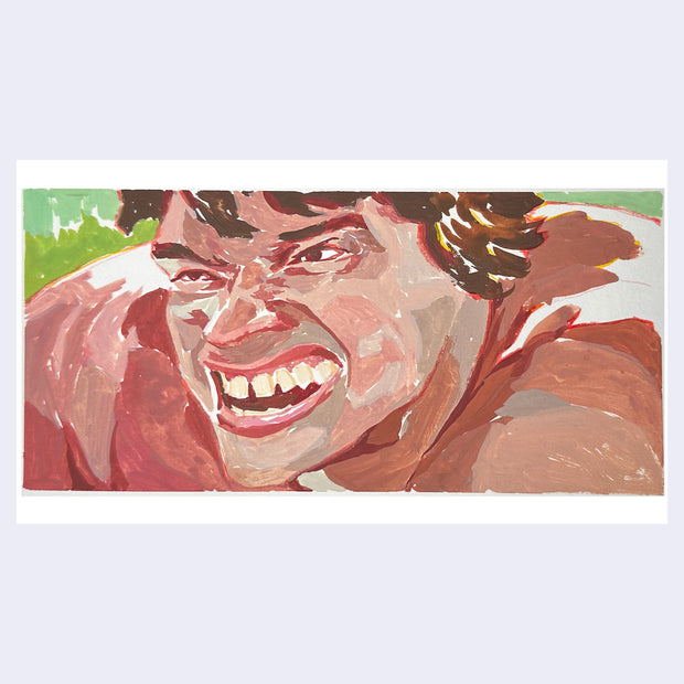 Close up painting of Arnold Schwarzenegger, with his mouth ajar to show his teeth.