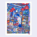 A colorful artwork depicting a busy fish market stall with a person working inside, rendered in a sketch-like style with prominent red hanging lamps, blue linework, and warm orange and yellow accents, shown on a light gray background.