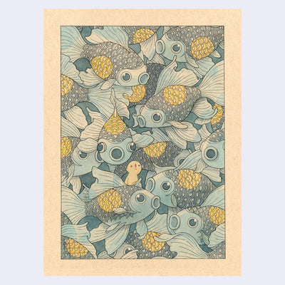 Pattern style illustration on cream colored paper of many stylized koi fish, all blue except for a single large yellow circle. In the bottom middle is a round headed character, looking up absentmindedly. 