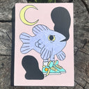 Painting of a cartoon purple fish with legs, wearing chunky sneakers. Black smoke floats behind it and a crescent moon is against the pink background.