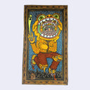 Illustration made with many lines, giving it the feel of a folk art woodcut on a rectangular wood panel of a person wearing an orange knit outfit with 5 layers of its face, like a vortex with several monster mouths surrounding until the final human face peeks out.