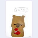 Vinyl flat plush art figure of a capybara with an apathetic expression, holding a broken red heart in its hands. It has a thought bubble that says "un-break my heart..."