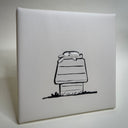 A vinyl fabric artwork depicting a cartoon rabbit laying flat on its back atop a dog house, crafted from off-white leather with black stitched outlines and details, displayed on a textured off-white background.