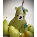 Vinyl plush flat sculpture of a pear with a bear face, small bear ears and small clawed hands. At its side is a smaller pear plush, without any facial features.