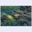 An impressionistic landscape painting of layered rock formations and green water, shown centered on a light gray background.