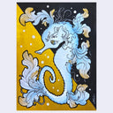 Illustration of a blue seahorse with large, anime style eyes and flowy feather like shapes coming out of its body. Background is half gold and half black, divided diagonally.