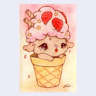 Watercolor illustration of a cute dog sitting in a wafer cone. It has its tongue out and atop its head is a mass of pink ice cream with strawberries and yellow stars.