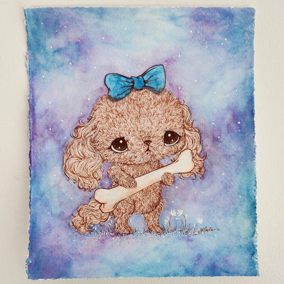 Painting of a fluffy cartoon dog, with a large head and cute blue bow atop its head. It holds a large bone in its paws and stands on its back legs. Background is purple and blue watercolor design.