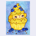 Cartoon dog in a yellow cupcake costume with blueberries on a blue watercolor background