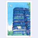 A watercolor and ink illustration of a tall, curved apartment building with blue and green tones, set against a light blue sky with a white bird in flight. 