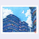 Watercolor illustration depicting a blue sky with white clouds, a white dove in flight, and detailed blue-and-brown apartment buildings. 