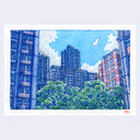 A watercolor illustration depicting a cityscape with tall blue and red buildings, green trees, a bright blue sky, and a white bird, shown with a white border.