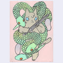 Painting of a brown cartoon cat laying and wrapped by three large snakes. The cat holds a sword and doesn't look scared.