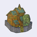 Illustration made with many lines, giving it the feel of a folk art woodcut on a die cut wood panel of a house, enclosed in a fence with a small green goblin leaning on the fence interior.