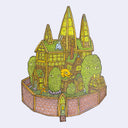 Illustration made with many lines, giving it the feel of a folk art woodcut on a die cut wood panel of a house with several pointed roof and a yard enclosed by a brick wall. Around the yard little characters run and an orange frog lays on the roof.