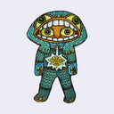 Illustration made with many lines, giving it the feel of a folk art woodcut on a die cut wood panel of a orange cat character within a green knit suit with monster hood, with the open mouth of the monster showing the cat character within.