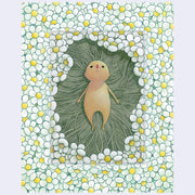 Illustration of a small tan creature laying on the ground, surrounded by white flowers with yellow centers. Their thin stems build a bed of sorts, where the character to lays atop of.
