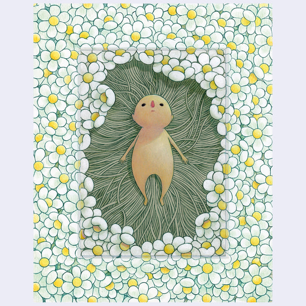 Illustration of a small tan creature laying on the ground, surrounded by white flowers with yellow centers. Their thin stems build a bed of sorts, where the character to lays atop of.