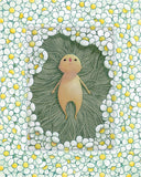 Illustration of a small tan creature laying on the ground, surrounded by white flowers with yellow centers. Their thin stems build a bed of sorts, where the character to lays atop of.