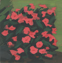 An impressionistic painting of a dense bush with bright pink flowers and dark green leaves against a muted olive-green background.