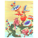 Colorful abstract artwork with cartoonish characters and shapes on a yellow background
