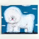 A textured canvas painting of a fluffy white dog, likely a Bichon Frise, set against a bright blue sky with white clouds. 