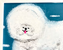 A textured canvas painting of a fluffy white dog, likely a Bichon Frise, set against a bright blue sky with white clouds. 