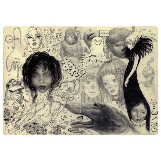Graphite sketch of multiple different subjects on cream colored paper. Subjects include various portraits of men and woman and cartoon icongraphy, with a dog opening its mouth with sparkles coming out.