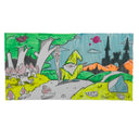 A colorful hand-drawn fantasy landscape artwork featuring a gnome holding a staff, mushrooms, trees, mountains, and a castle, shown on a white background.