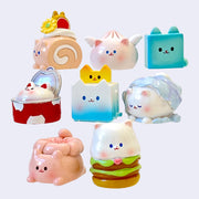 8 different cat figure designs, various food items and themes.