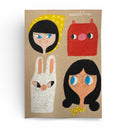 Illustration with four stylized faces on a kraft paper background - 2 girls, 1 bear and 1 bunny