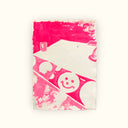 Pink ink painting of a smiley face and negative shapes of objects that are hard to decipher.