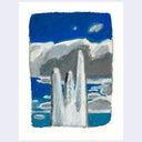 An abstract landscape painting featuring three tall white spires or ice formations rising from a deep blue and gray body of water under a dark blue sky with white clouds.