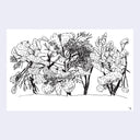 Ink sketch of many trees with bulbous leaves.