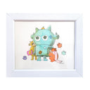 Ink and watercolor illustration of a light green robot mascot, with 2 small kids dressed in their own robot costumes. Small robot plush dolls are around the scene. Piece is framed.