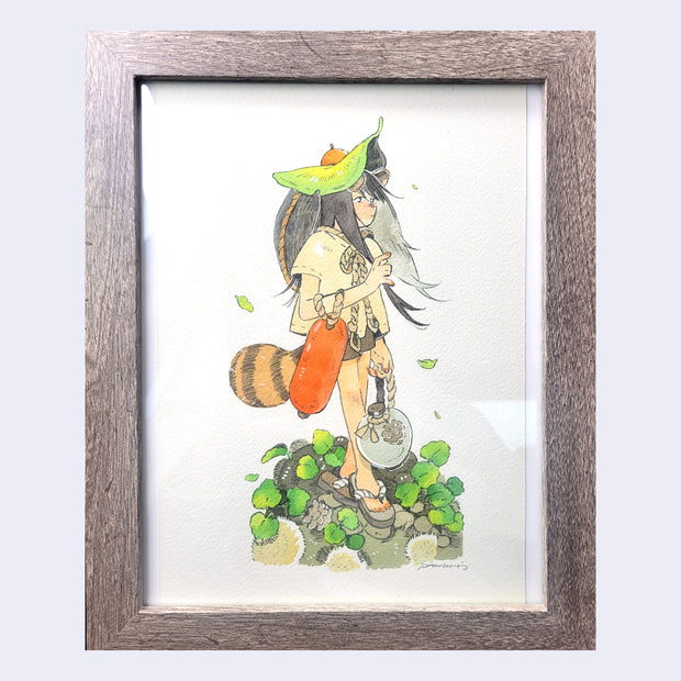 Ink and watercolor drawing on white paper of a girl who is part tanuki, with fluffy round ears and a bushy raccoon tail. Atop her head is a large leaf and she carries a white jug and red container, tied to ropes. She stands atop of a pond like setting with leaves. Piece is framed.