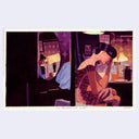 Painting based on a film still from In the Mood for Love, of a woman looking dejected with her head in her hand, facing away from a man who can be seen in the mirror.