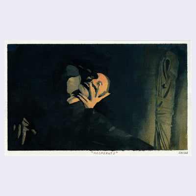 Painting based on a film still from Nosferatu, of a person mostly in shadow with orange lighting only on their face and hand, in a strange pose with their head back and face over it.