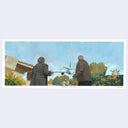 Painting based on a film still from Wild Tales, of 2 men with their backs turned away from the viewer, standing outside while a large plane comes right towards them.