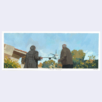 Painting based on a film still from Wild Tales, of 2 men with their backs turned away from the viewer, standing outside while a large plane comes right towards them.