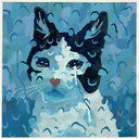 Blue monochromatic painting of a sad cat, looking at the viewer through a presumed window with water droplets running down it. It has sad eyes and a somber expression.