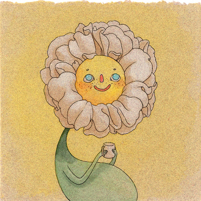 Ink and watercolor illustration on yellow toned paper. A flower character, with a smiling freckled face in the center of the flower and a green stem body. It holds a small mug.